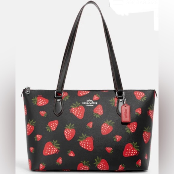 NWT Coach Black Tote Bag W/Wild Strawberry Print, Silver Hardware, Coated Canvas - Picture 5 of 17